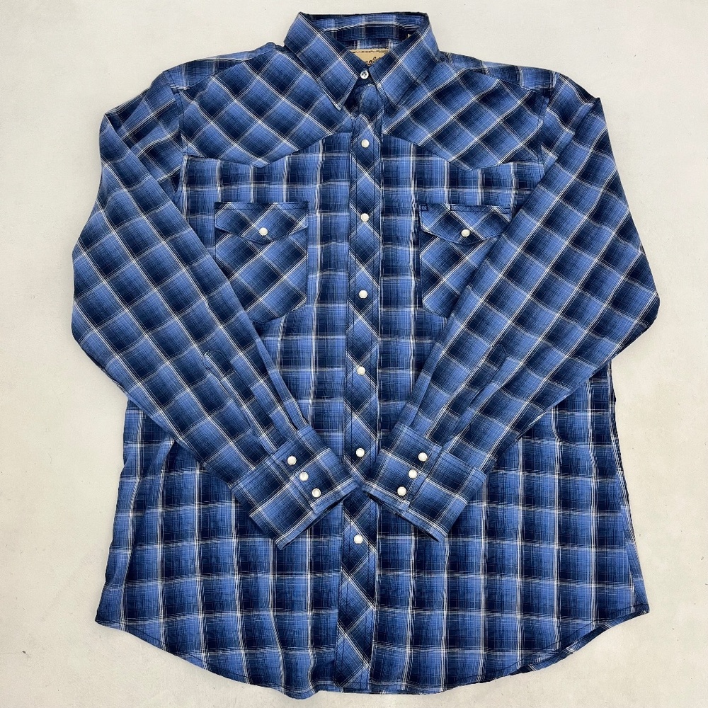 Wrangler Western Shirt Mens Large Blue Preppy Plaid Snap Button‎ Up Long Sleeve